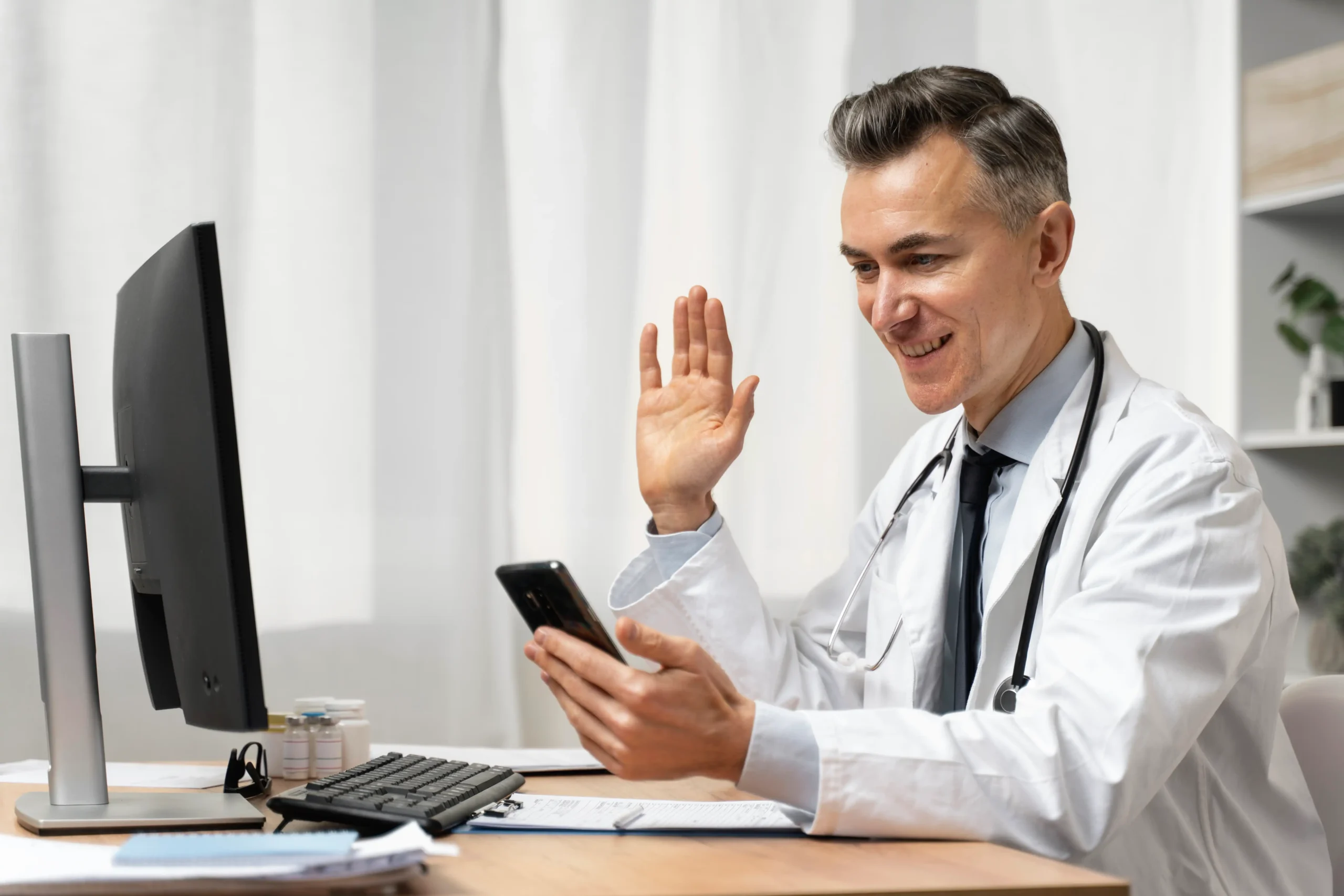 Doctor providing well-care services through video call with patient